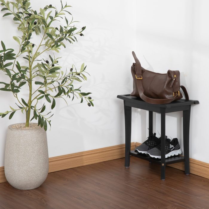 2-Tier Acacia Wood Shower Stool with Storage Shelf