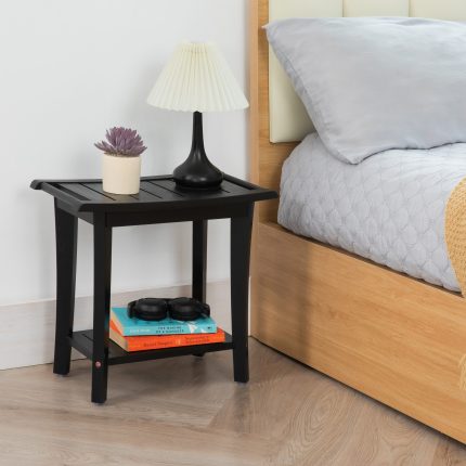 2-Tier Acacia Wood Shower Stool with Storage Shelf