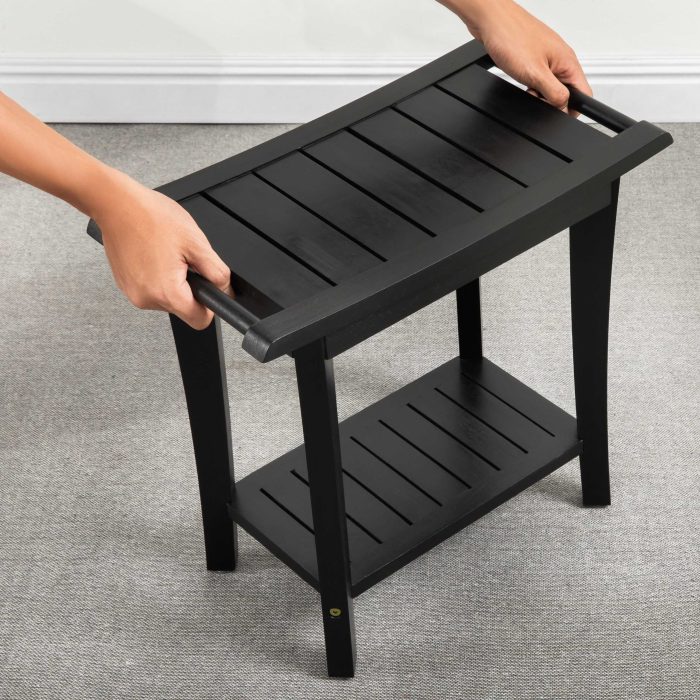 2-Tier Acacia Wood Shower Stool with Storage Shelf