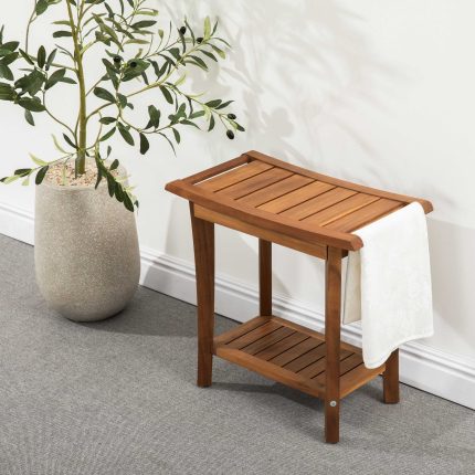 2-Tier Acacia Wood Shower Stool with Storage Shelf