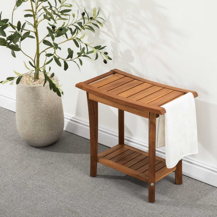 2-Tier Acacia Wood Shower Stool with Storage Shelf