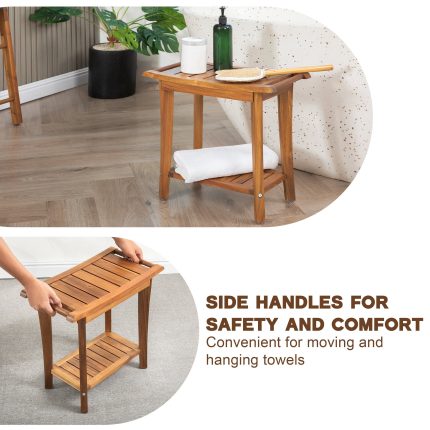 2-Tier Acacia Wood Shower Stool with Storage Shelf