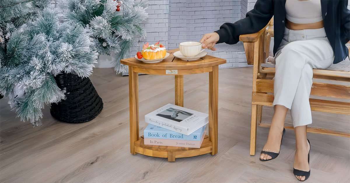 corner shower stool detail showing L-shape slatted design and waterproof acacia finish
