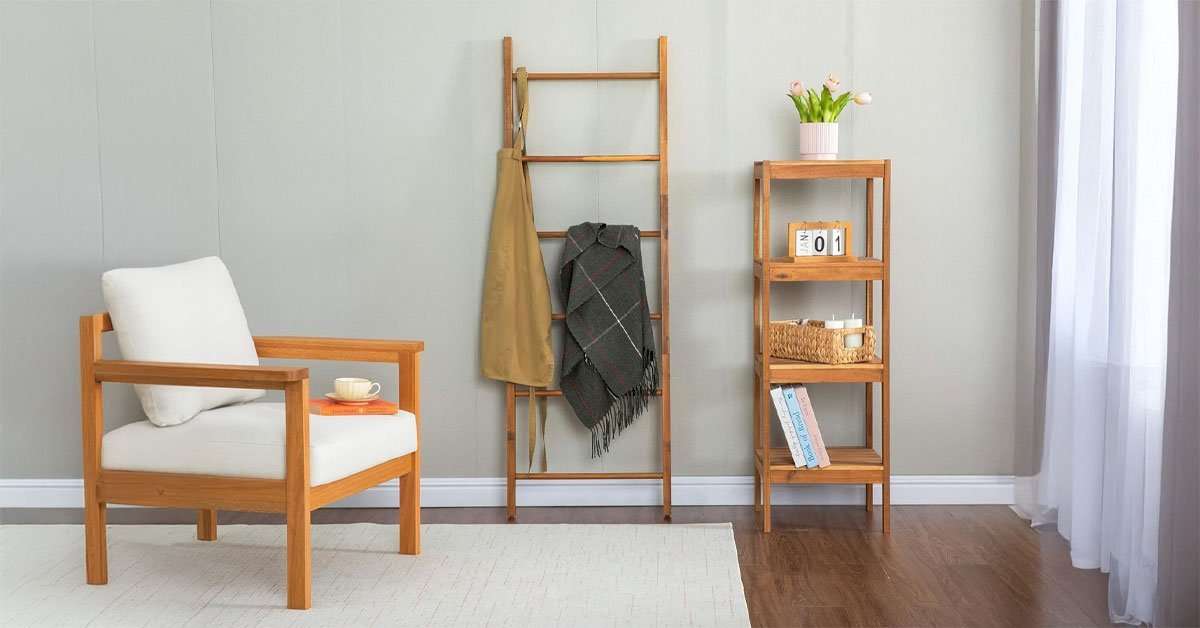 Acacia Wood Blanket Ladder 6-Tier 1 Acacia wood blanket ladder 6-tier leaning against wall with throws and blankets displayed