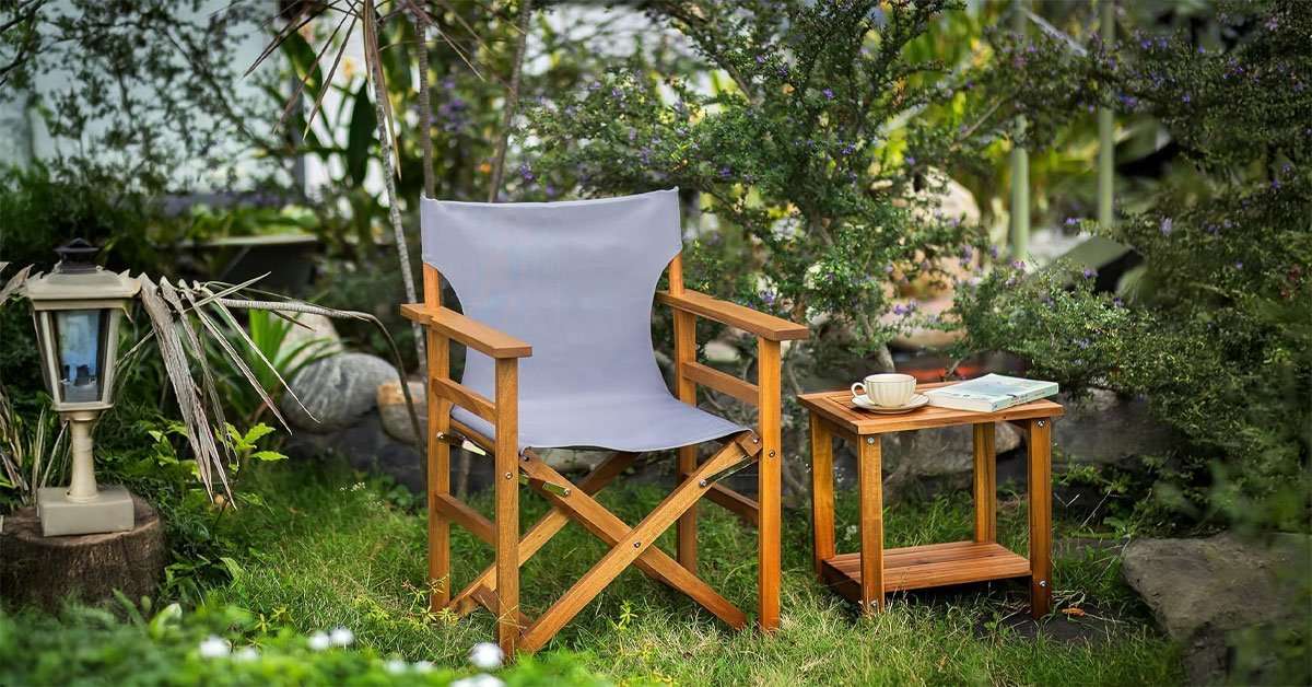 Acacia Wood Director Chair for Outdoor & Indoor Use 3 Acacia wood director chair used outdoors on a patio with canvas seat and back