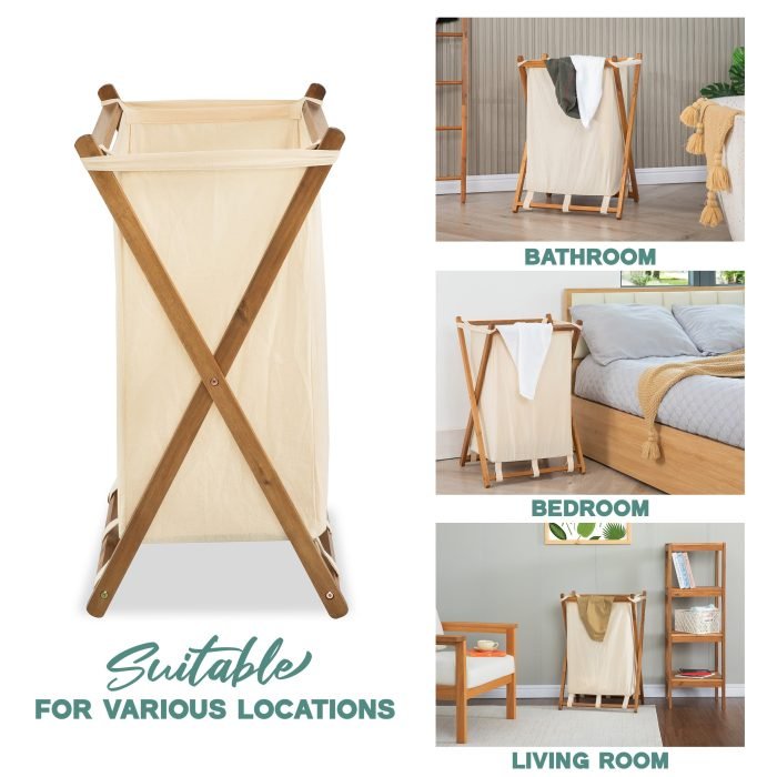 Acacia Wood Folding Laundry Hamper Basket with Handle