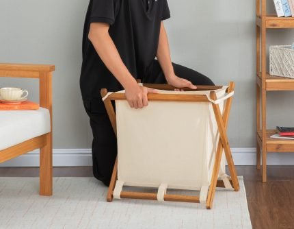 Acacia Wood Folding Laundry Hamper Basket with Handle