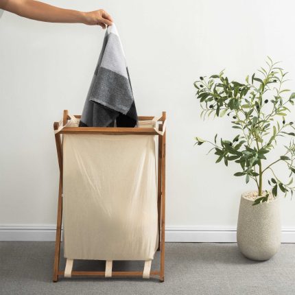 Acacia Wood Folding Laundry Hamper Basket with Handle