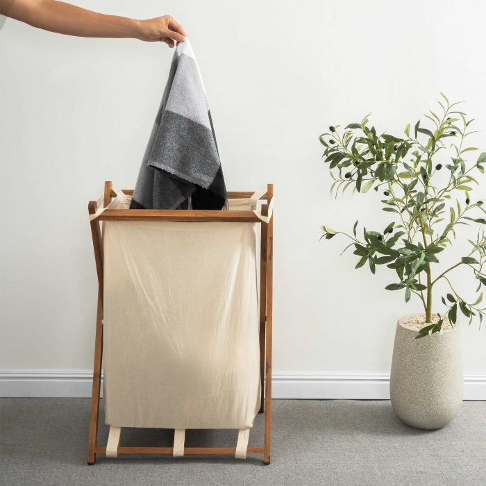 Acacia Wood Folding Laundry Hamper Basket with Handle
