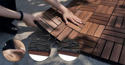 Square Joint Acacia Wood Deck Tiles, 12-Slat Interlocking Design for Indoor & Outdoor (Set of 27)