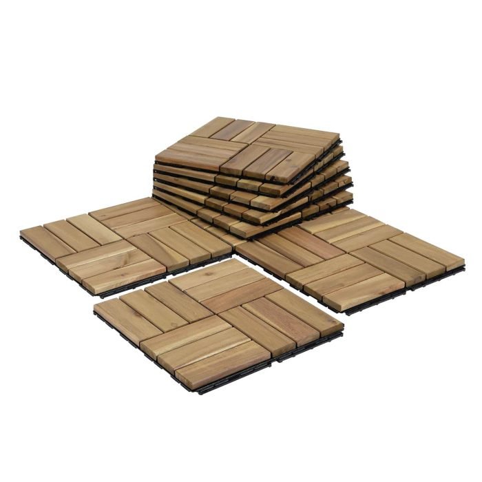 Square Joint Acacia Wood Deck Tiles, 12-Slat Interlocking Design for Indoor & Outdoor (Set of 27)