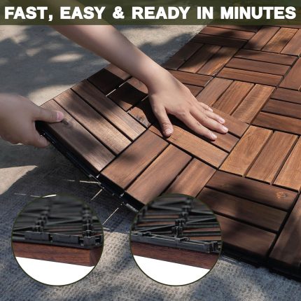 Square Joint Acacia Wood Deck Tiles, 12-Slat Interlocking Design for Indoor & Outdoor (Set of 27)