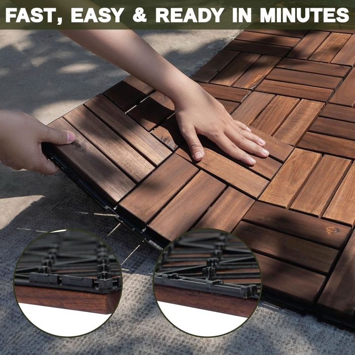 Square Joint Acacia Wood Deck Tiles, 12-Slat Interlocking Design for Indoor & Outdoor (Set of 27)