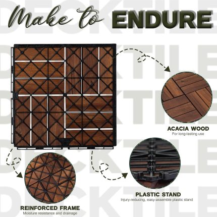 Square Joint Acacia Wood Deck Tiles, 12-Slat Interlocking Design for Indoor & Outdoor (Set of 27)