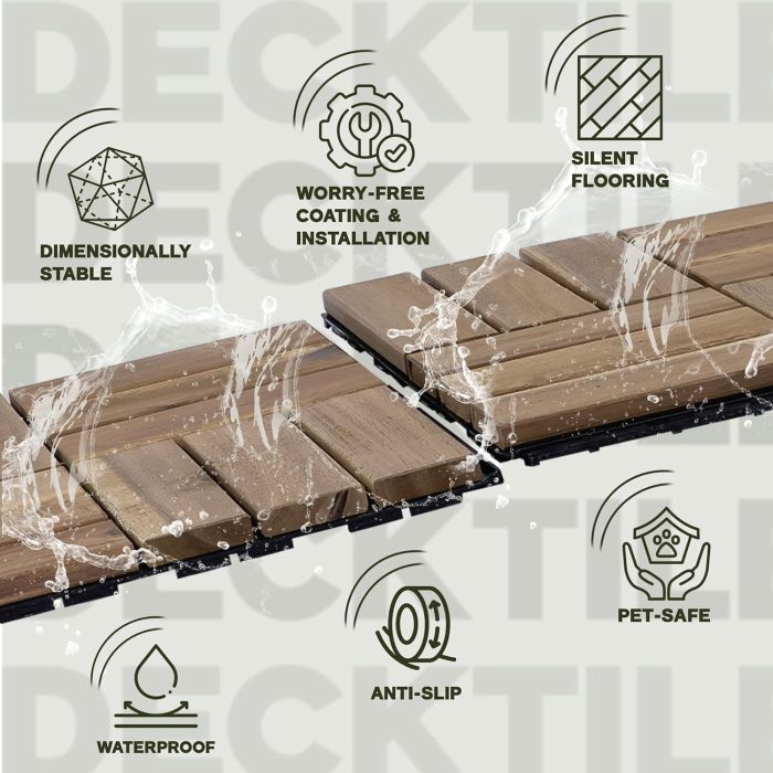 Square Joint Acacia Wood Deck Tiles, 12-Slat Interlocking Design for Indoor & Outdoor (Set of 27)