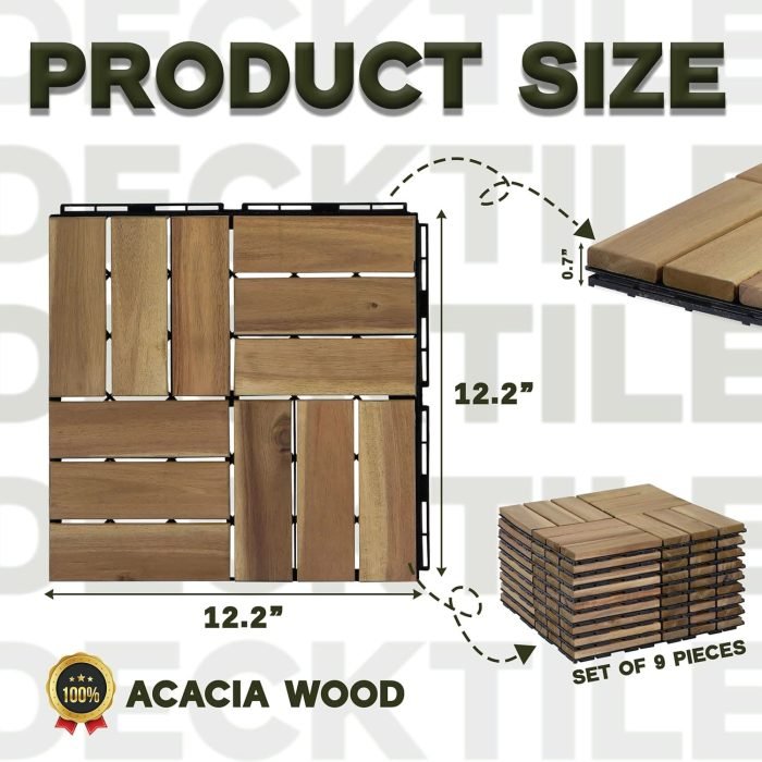 Square Joint Acacia Wood Deck Tiles, 12-Slat Interlocking Design for Indoor & Outdoor (Set of 27)