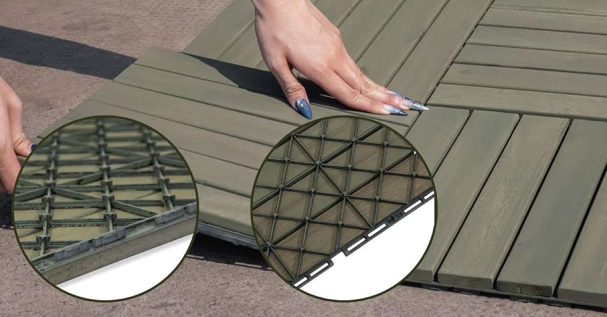 Complete 27-piece 6-slat acacia deck tile set covering a full balcony floor
