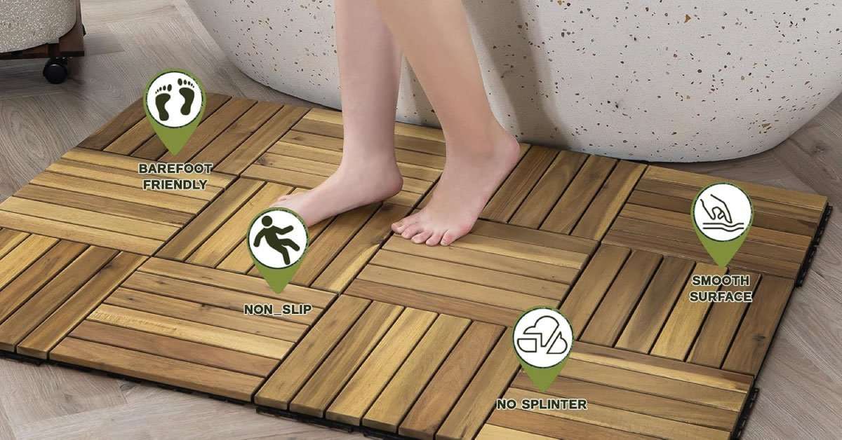 6-slat acacia deck tiles interlocking system on a balcony without tools