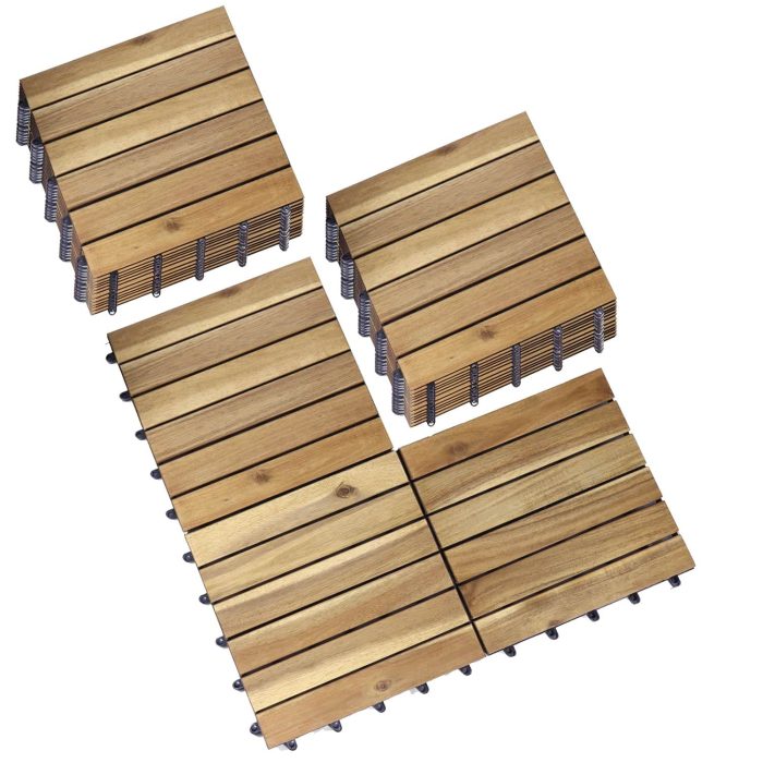 Square Joint Acacia Wood Deck Tiles, 6-Slat Interlocking Design for Indoor & Outdoor (Set of 27)