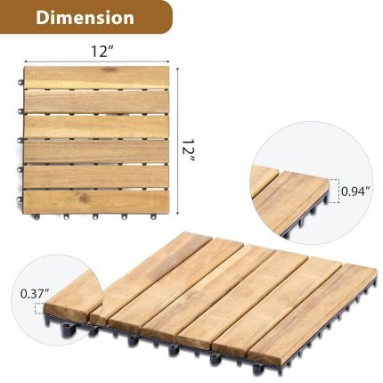 Square Joint Acacia Wood Deck Tiles, 6-Slat Interlocking Design for Indoor & Outdoor (Set of 27)