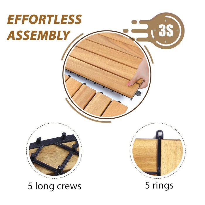 Square Joint Acacia Wood Deck Tiles, 6-Slat Interlocking Design for Indoor & Outdoor (Set of 27)