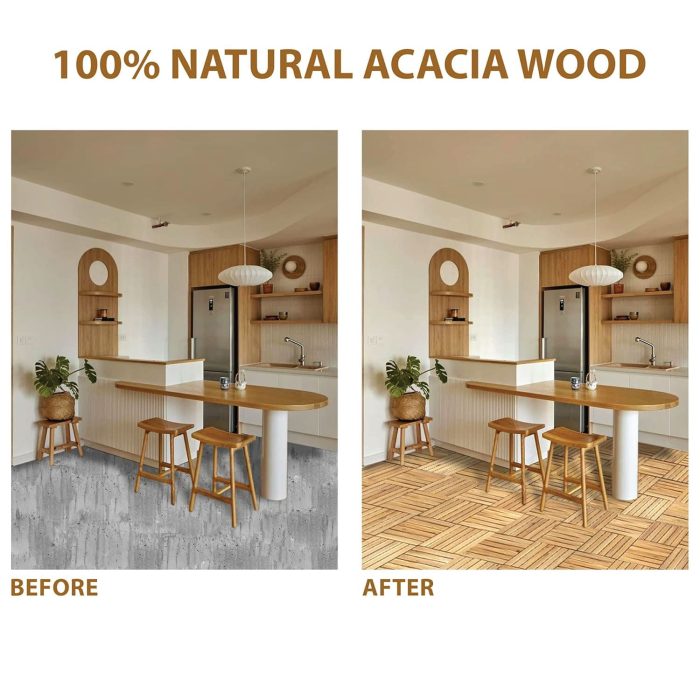 Square Joint Acacia Wood Deck Tiles, 6-Slat Interlocking Design for Indoor & Outdoor (Set of 27)