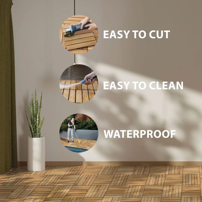 Square Joint Acacia Wood Deck Tiles, 6-Slat Interlocking Design for Indoor & Outdoor (Set of 27)