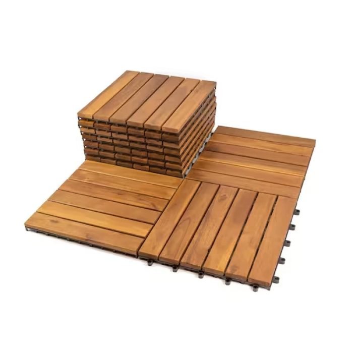 Square Joint Acacia Wood Deck Tiles, 6-Slat Interlocking Design for Indoor & Outdoor (Set of 27)