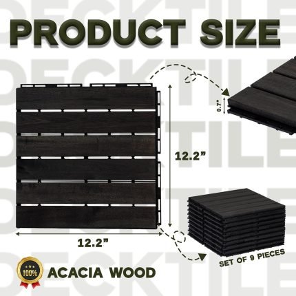 Square Joint Acacia Wood Deck Tiles, 6-Slat Interlocking Design for Indoor & Outdoor (Set of 27)