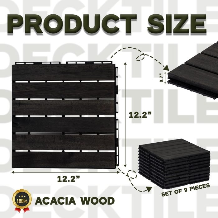 Square Joint Acacia Wood Deck Tiles, 6-Slat Interlocking Design for Indoor & Outdoor (Set of 27)