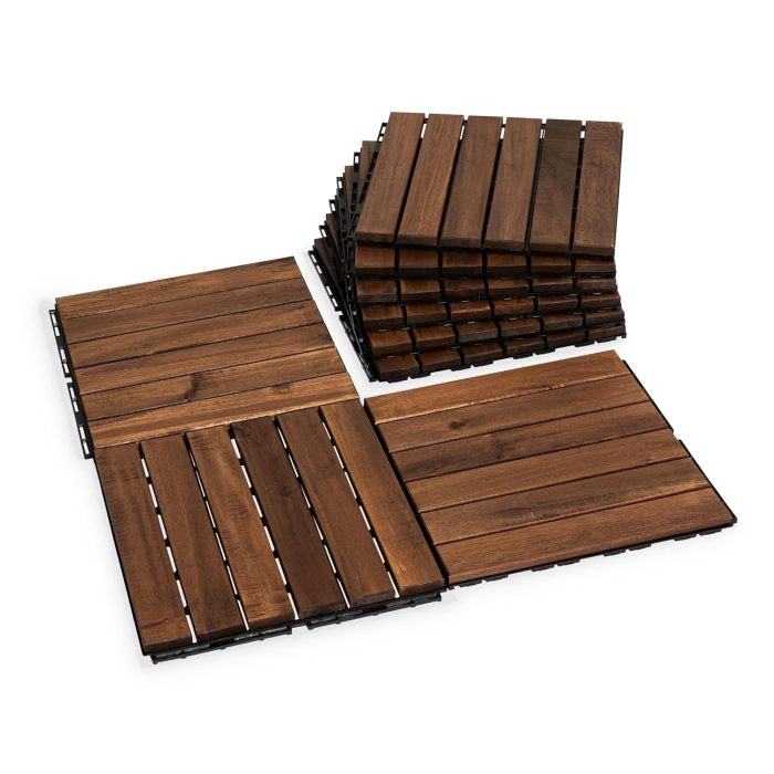 Square Joint Acacia Wood Deck Tiles, 6-Slat Interlocking Design for Indoor & Outdoor (Set of 27)
