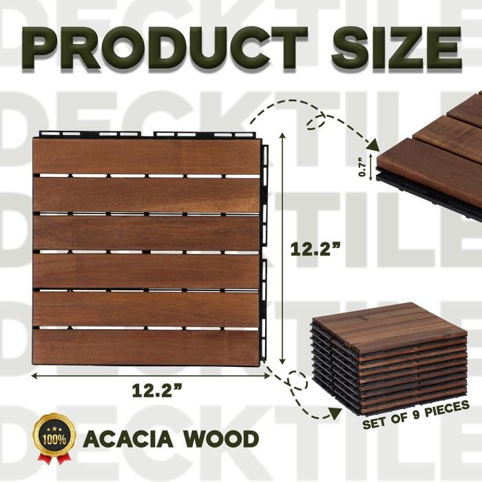 Square Joint Acacia Wood Deck Tiles, 6-Slat Interlocking Design for Indoor & Outdoor (Set of 27)