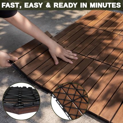 Square Joint Acacia Wood Deck Tiles, 6-Slat Interlocking Design for Indoor & Outdoor (Set of 27)
