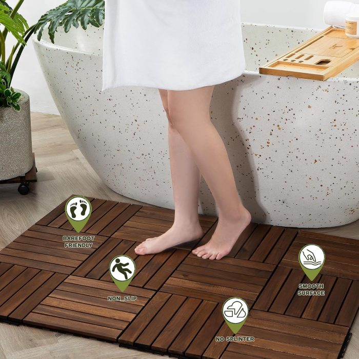 Square Joint Acacia Wood Deck Tiles, 6-Slat Interlocking Design for Indoor & Outdoor (Set of 27)