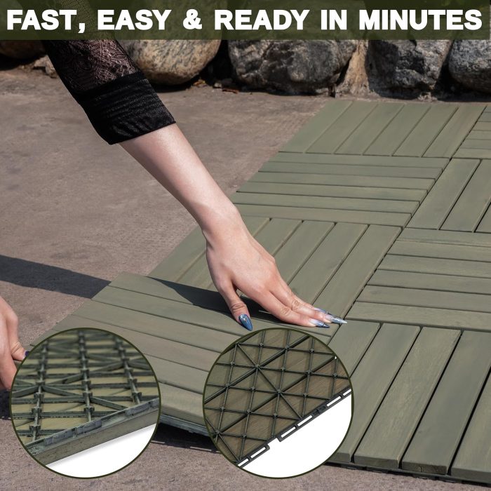Square Joint Acacia Wood Deck Tiles, 6-Slat Interlocking Design for Indoor & Outdoor (Set of 27)