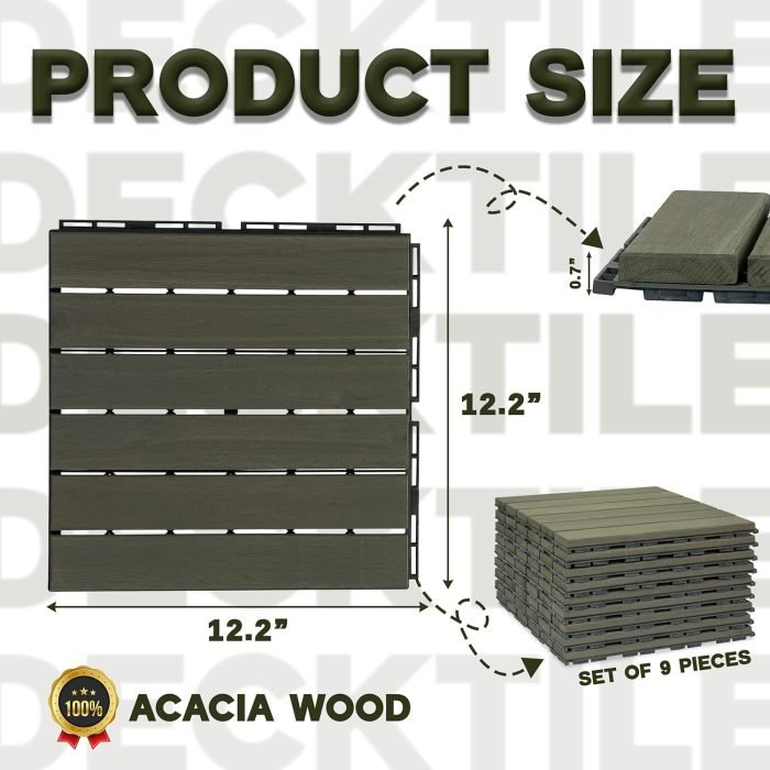 Square Joint Acacia Wood Deck Tiles, 6-Slat Interlocking Design for Indoor & Outdoor (Set of 27)