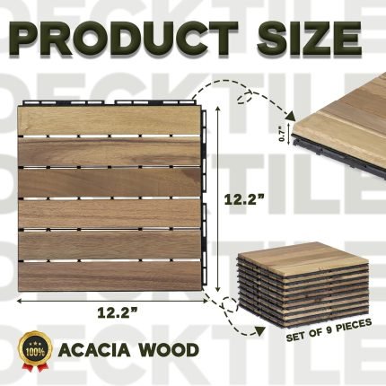 Square Joint Acacia Wood Deck Tiles, 6-Slat Interlocking Design for Indoor & Outdoor (Set of 27)