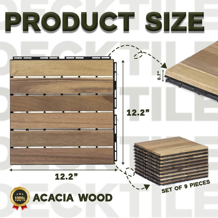 Square Joint Acacia Wood Deck Tiles, 6-Slat Interlocking Design for Indoor & Outdoor (Set of 27)