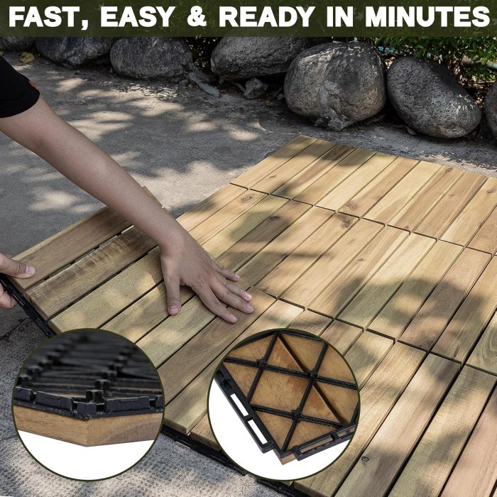 Square Joint Acacia Wood Deck Tiles, 6-Slat Interlocking Design for Indoor & Outdoor (Set of 27)