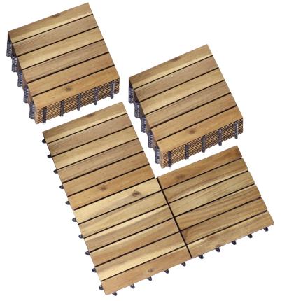 Square Joint Acacia Wood Deck Tiles, 6-Slat Interlocking Design for Indoor & Outdoor (Set of 27)