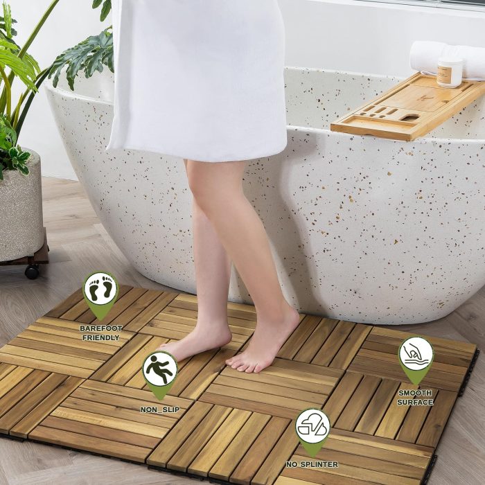 Square Joint Acacia Wood Deck Tiles, 6-Slat Interlocking Design for Indoor & Outdoor (Set of 27)