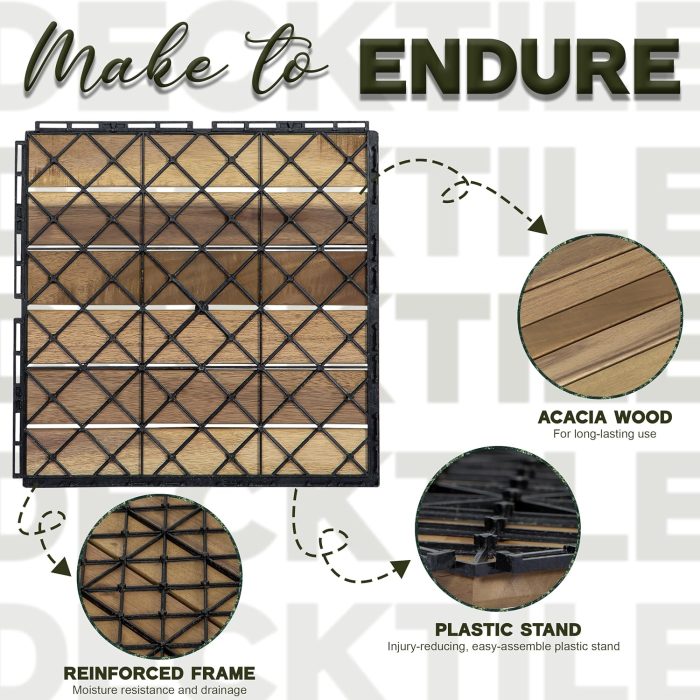 Square Joint Acacia Wood Deck Tiles, 6-Slat Interlocking Design for Indoor & Outdoor (Set of 27)