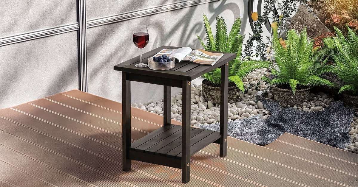 adirondack side table on garden lawn with two chairs and drinks on the surface