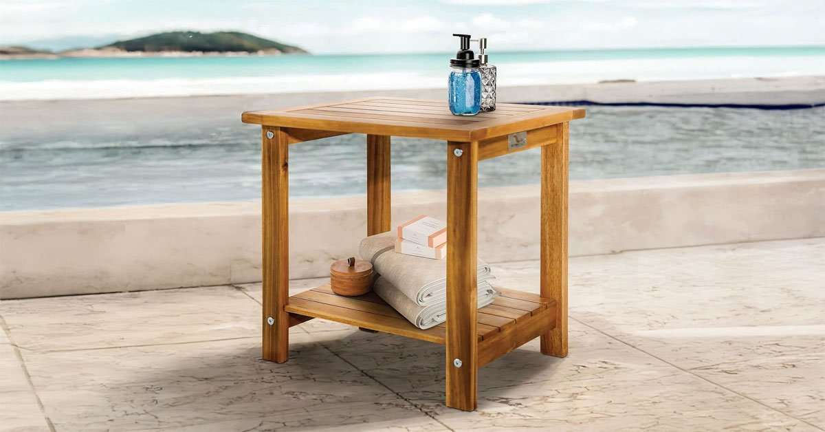 adirondack side table detail showing two-tier slatted surface and weather-resistant finish