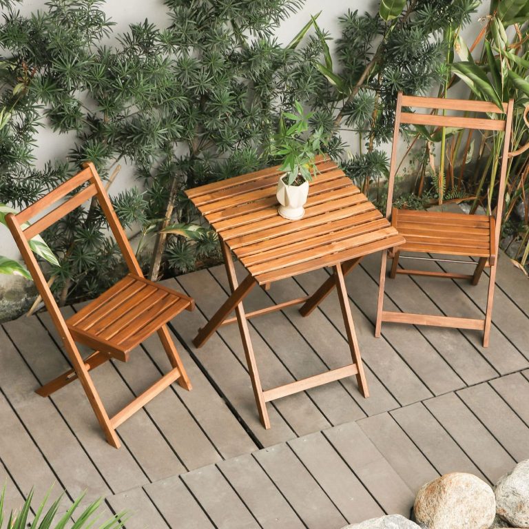 Folding acacia wood bistro set with outdoor table and chairs