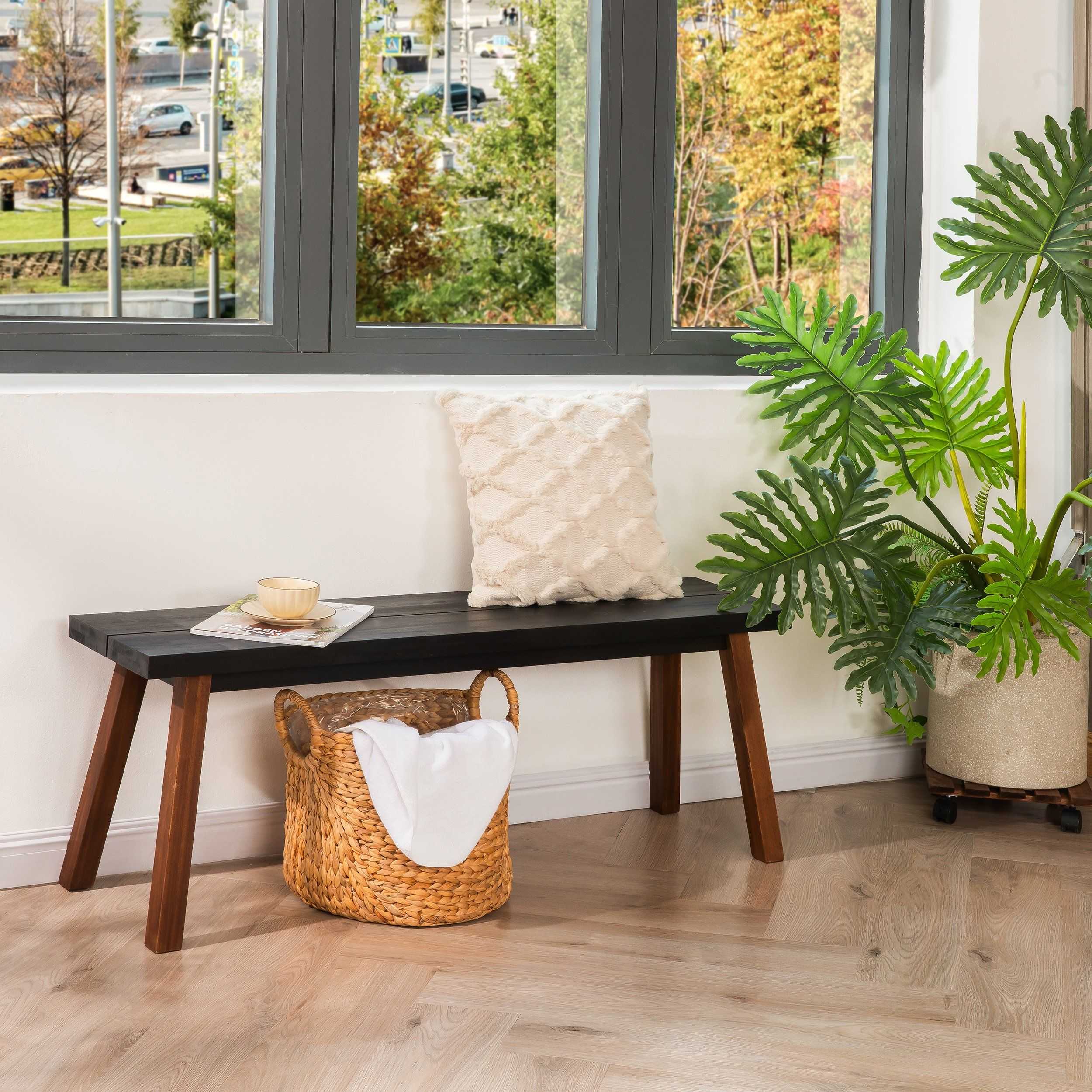 small living room decor ideas with acacia wood living room bench and greenery