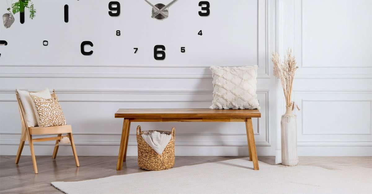 Solid Acacia Wood Bench for Entryway & Living Room 1 Solid acacia wood bench in a bright entryway with natural grain detail