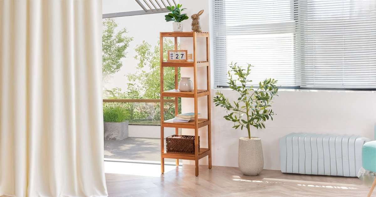 Tier Acacia Wood Corner Shelf 3 Acacia corner shelf in a bedroom corner with picture frames and small decor items