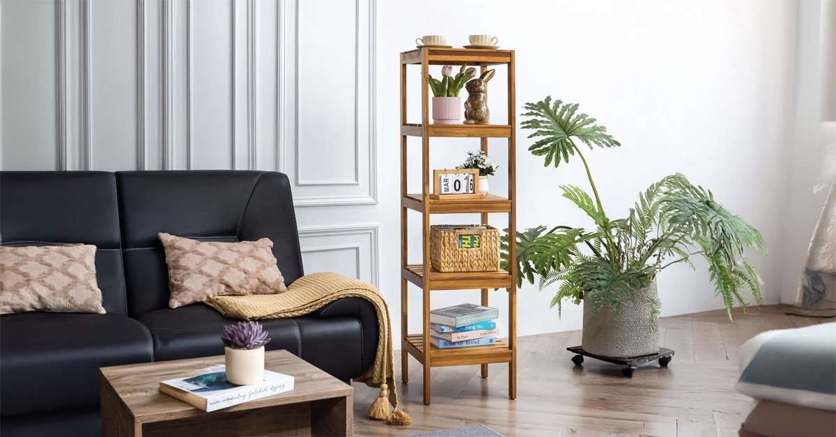 Tier Acacia Wood Corner Shelf 1 Acacia wood corner shelf wall mounted in a living room with plants and books displayed