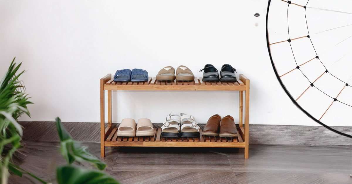 acacia wood shoe rack open tier design with all stored pairs visible and accessible